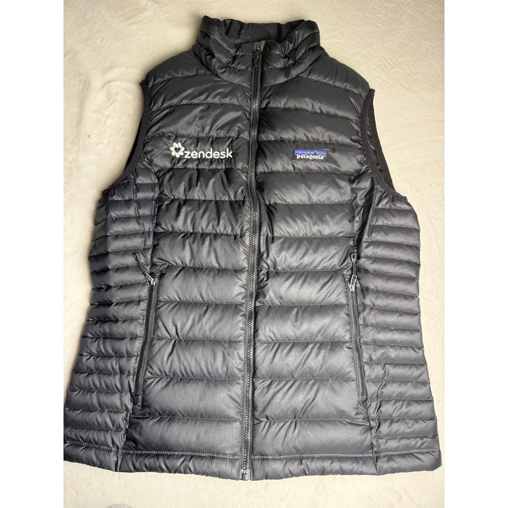 Patagonia Womens Down Sweater Vest Black Zendesk Logo Puffer Size M 84628